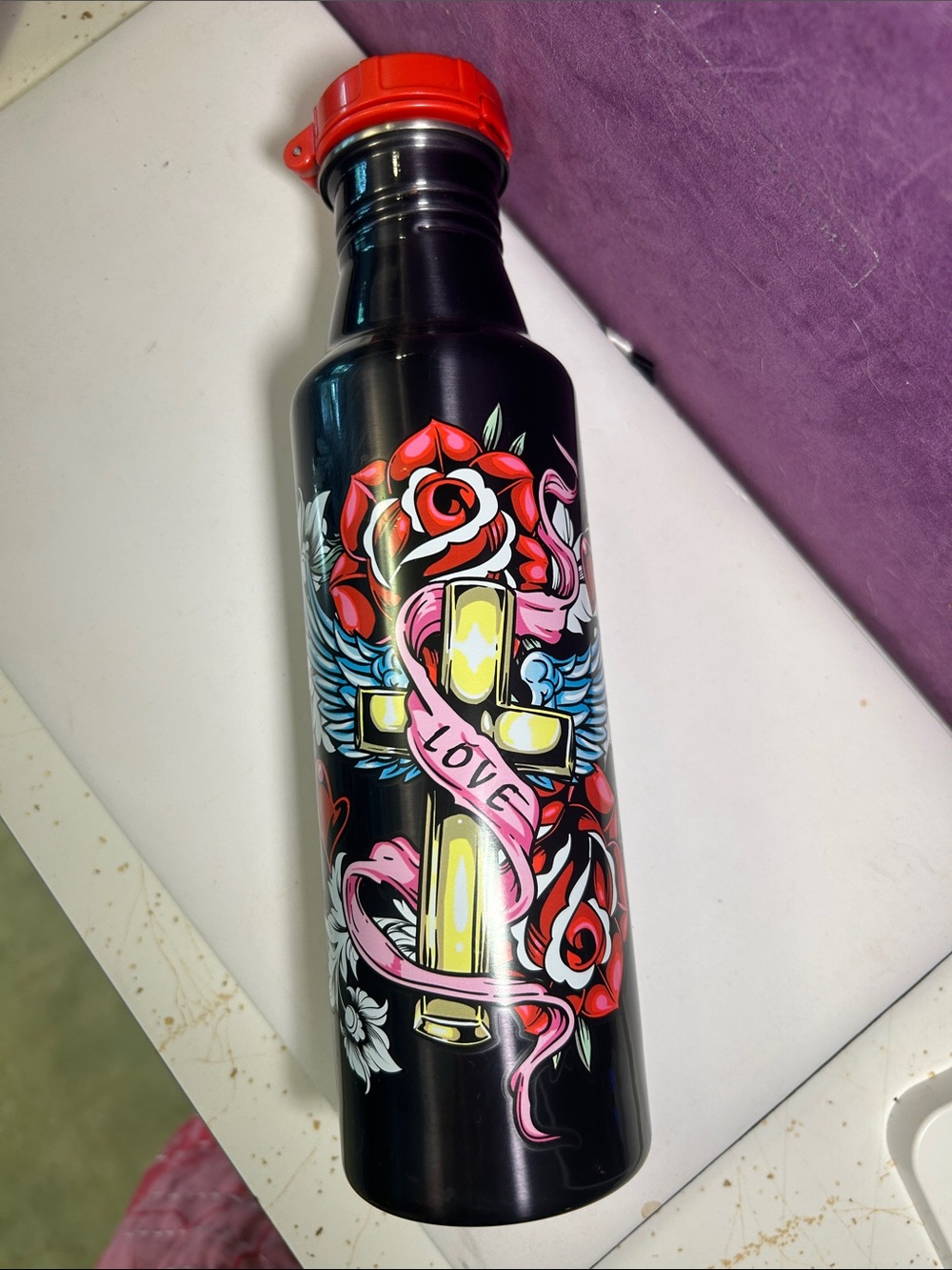 Stainless Steel Water Bottle with Ed Hardy Like Graphic